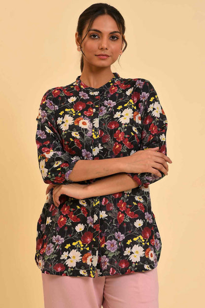 Black Floral Printed Button Down Top - wforwoman