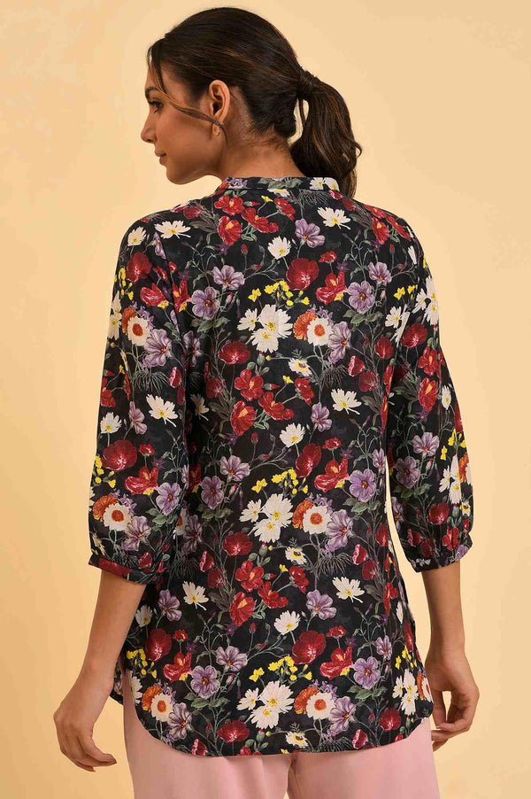 Black Floral Printed Button Down Top