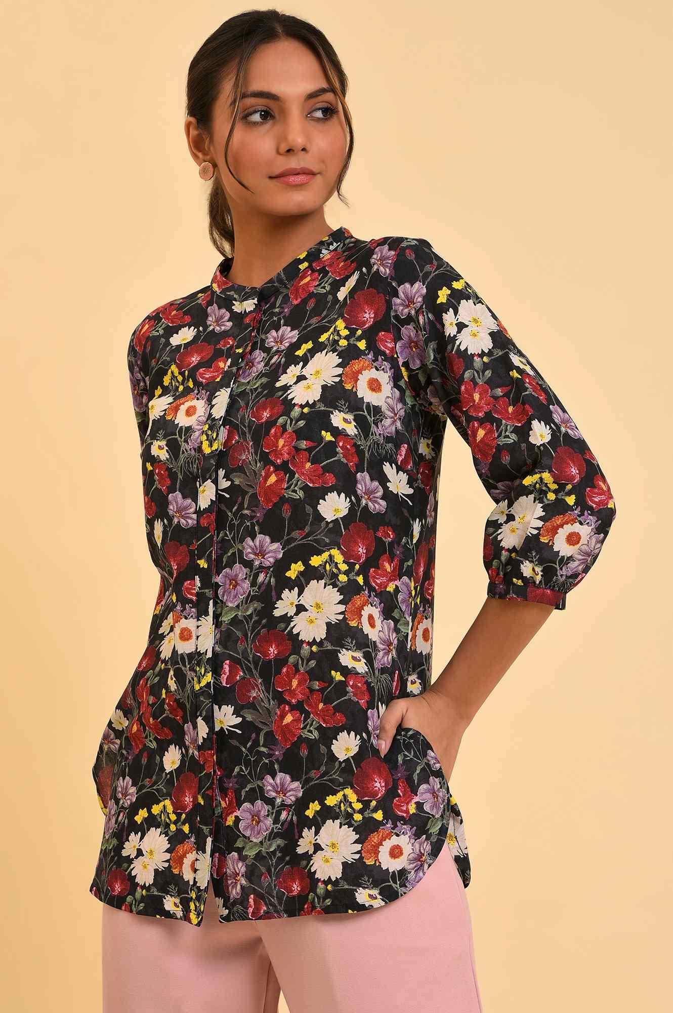 Black Floral Printed Button Down Top - wforwoman