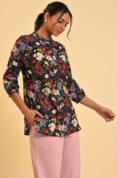 Black Floral Printed Button Down Top - wforwoman