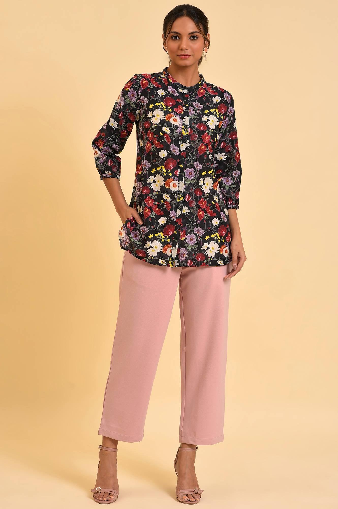 Black Floral Printed Button Down Top - wforwoman