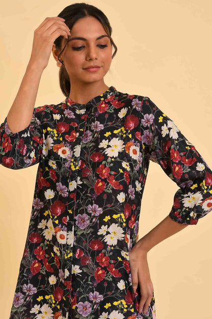 Black Floral Printed Button Down Top - wforwoman