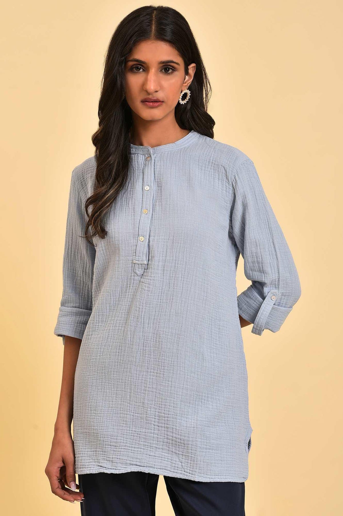 Blue Solid Cotton Casual Top - XS