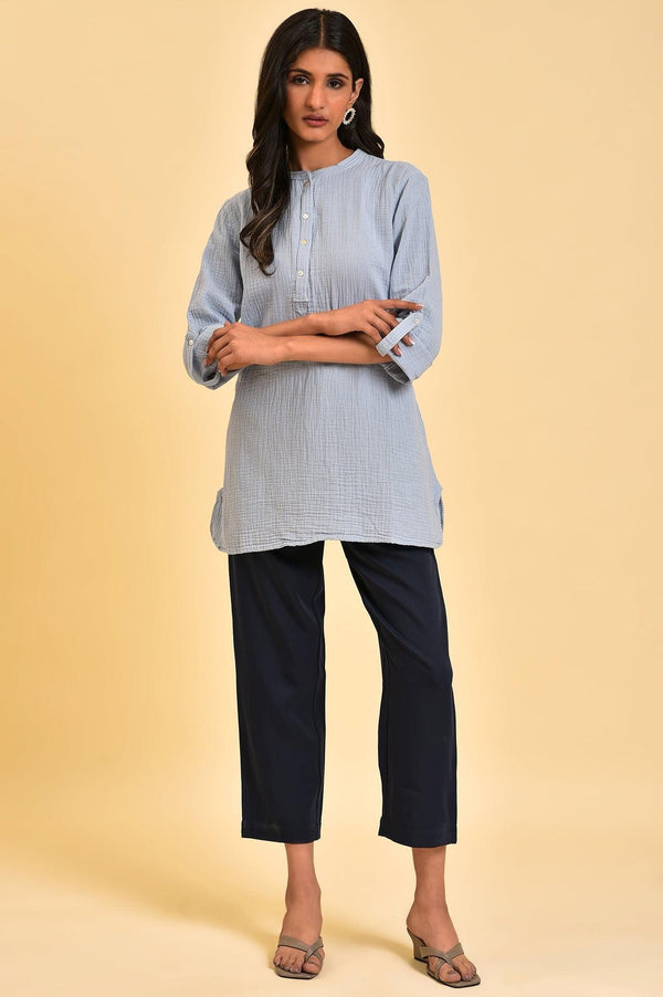 Blue Solid Cotton Casual Top