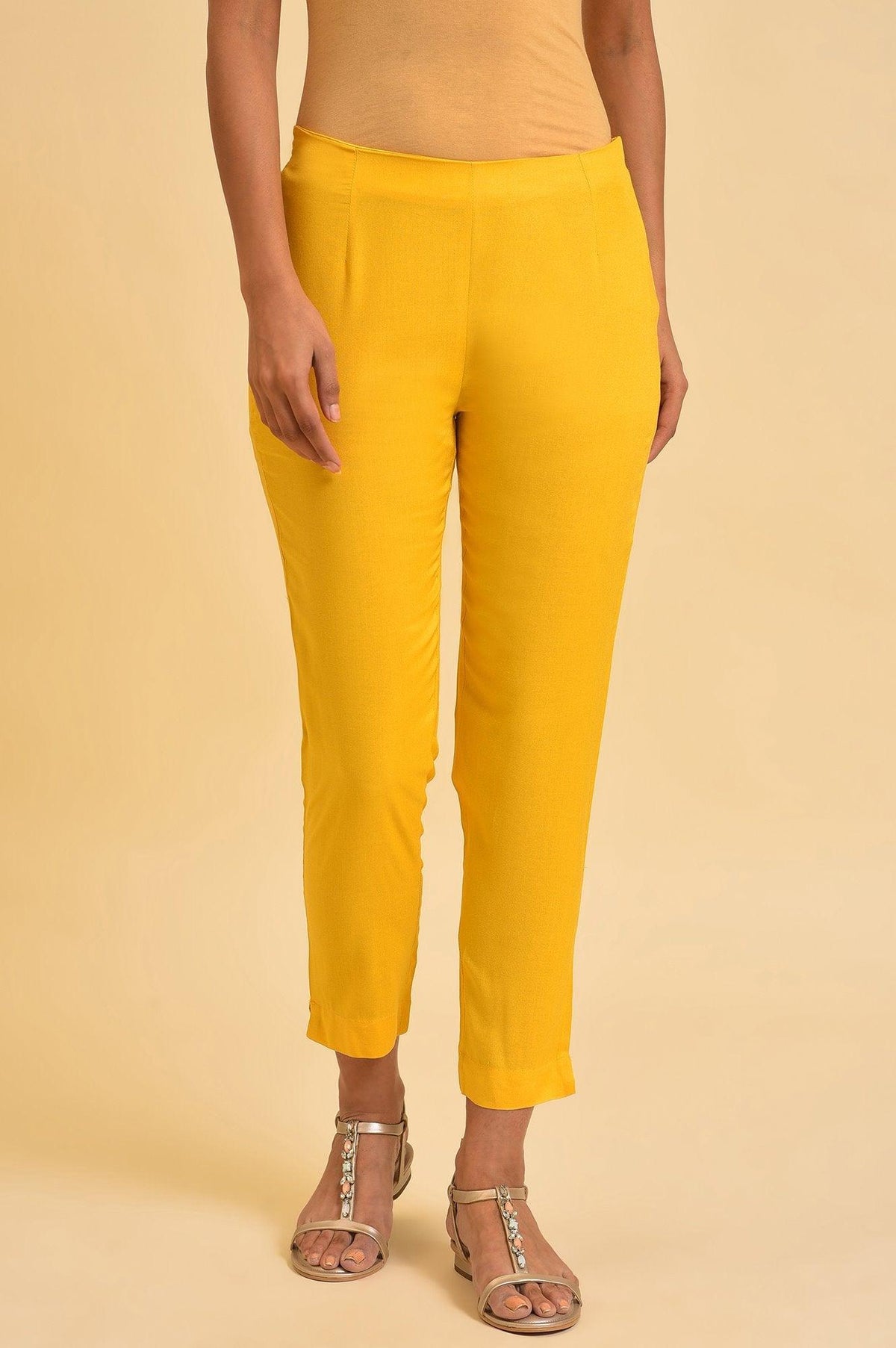 Yellow Solid Straight Slim Pants - XS