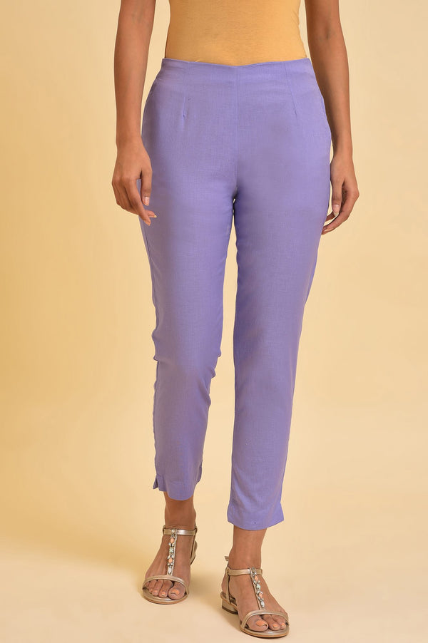 Purple Solid Cotton Flax Slim Pants