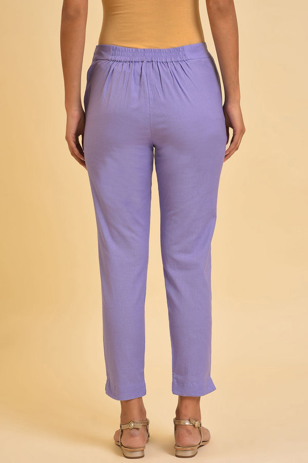 Purple Solid Cotton Flax Slim Pants