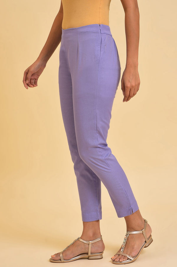 Purple Solid Cotton Flax Slim Pants