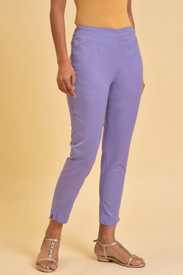 Purple Solid Cotton Flax Slim Pants