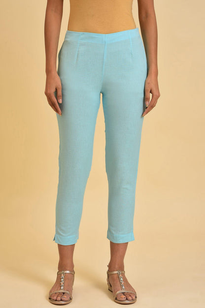 Blue Solid Cotton Flax Slim Pants - wforwoman