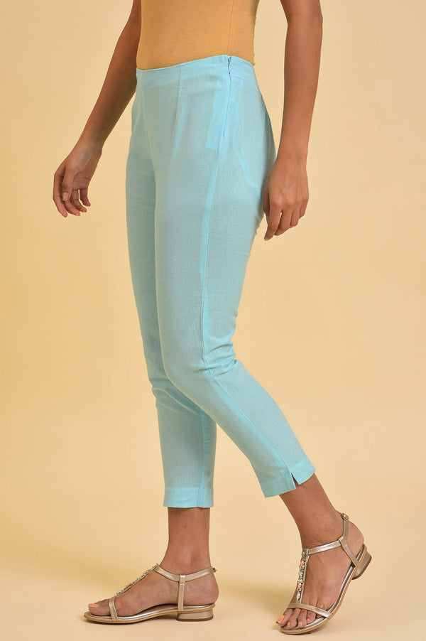 Blue Solid Thread Work Rayon Flax Straight Kurta and Slim Pant Set