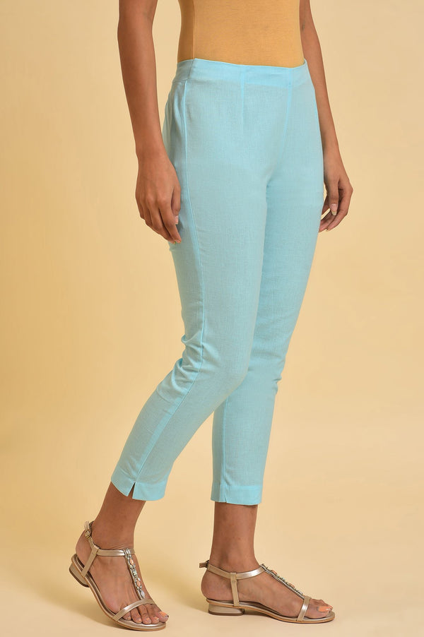 Blue Solid Thread Work Rayon Flax Straight Kurta and Slim Pant Set