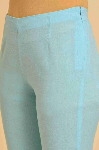 Blue Solid Cotton Flax Slim Pants - wforwoman