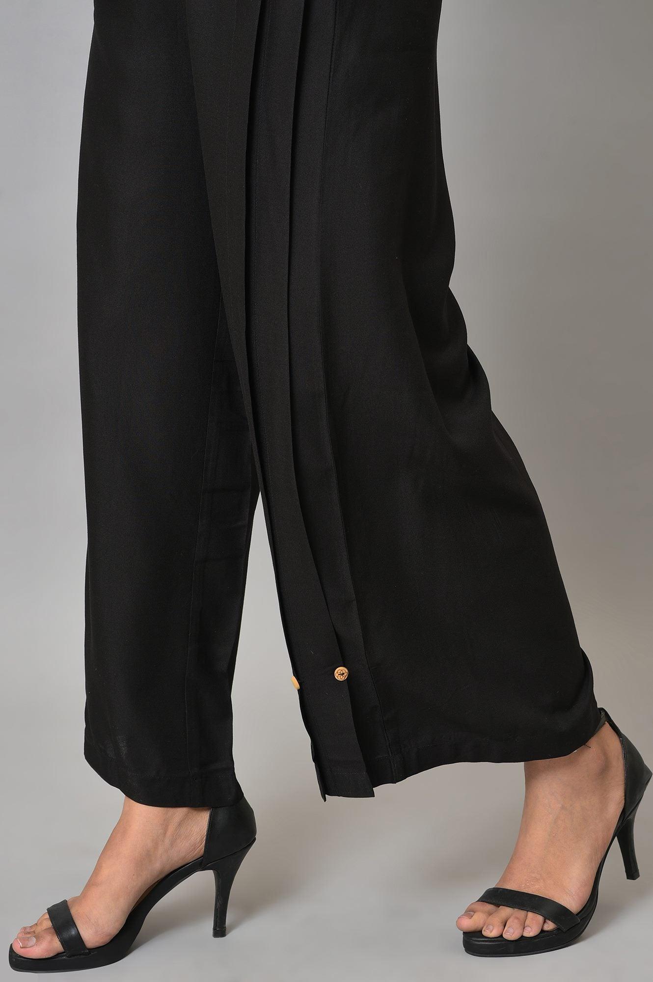 Black Side Pleated Parallel Pants - wforwoman