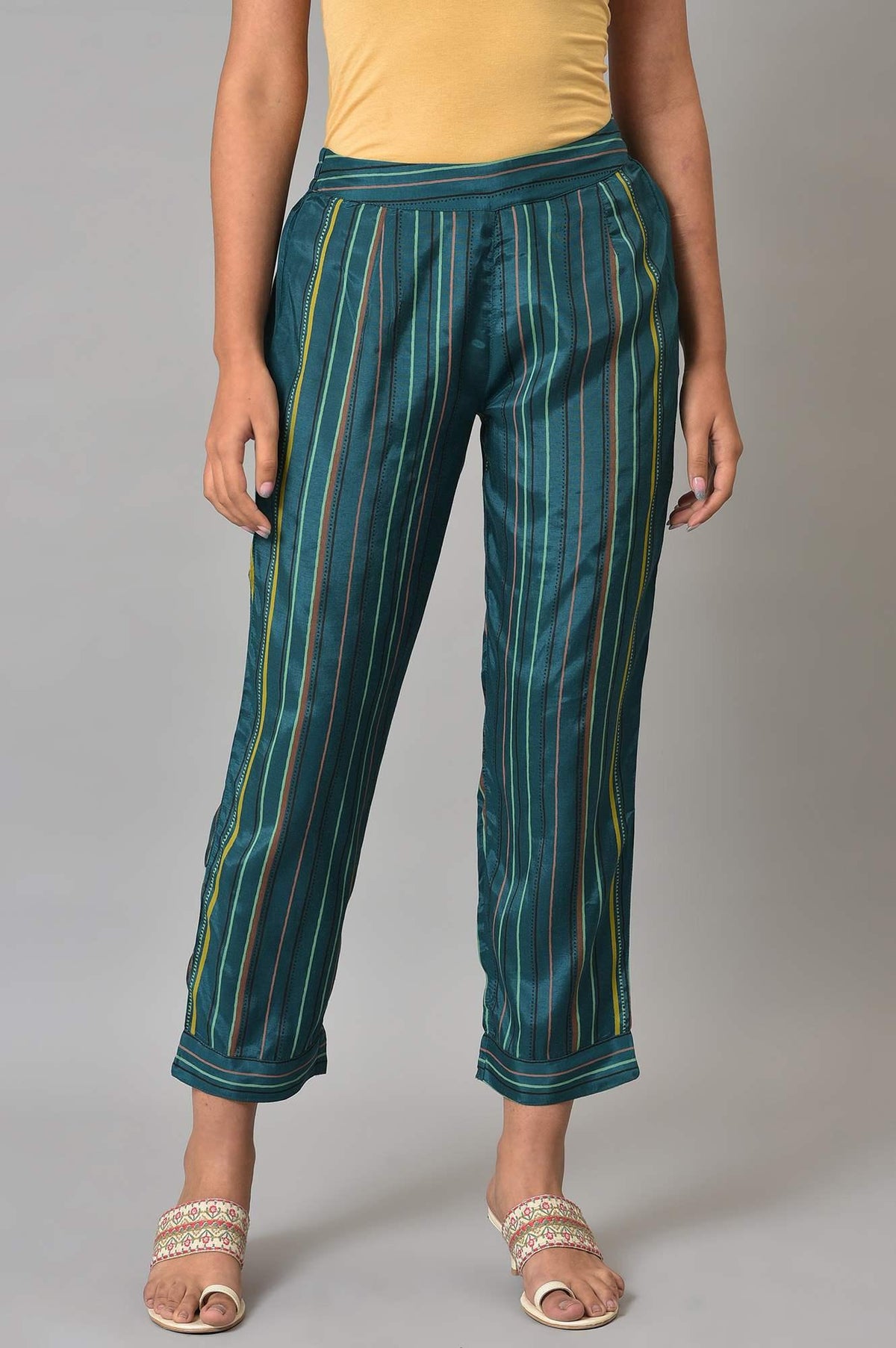 Teal Multi-Coloured Stripe Print Plus Size Pants - 4XL