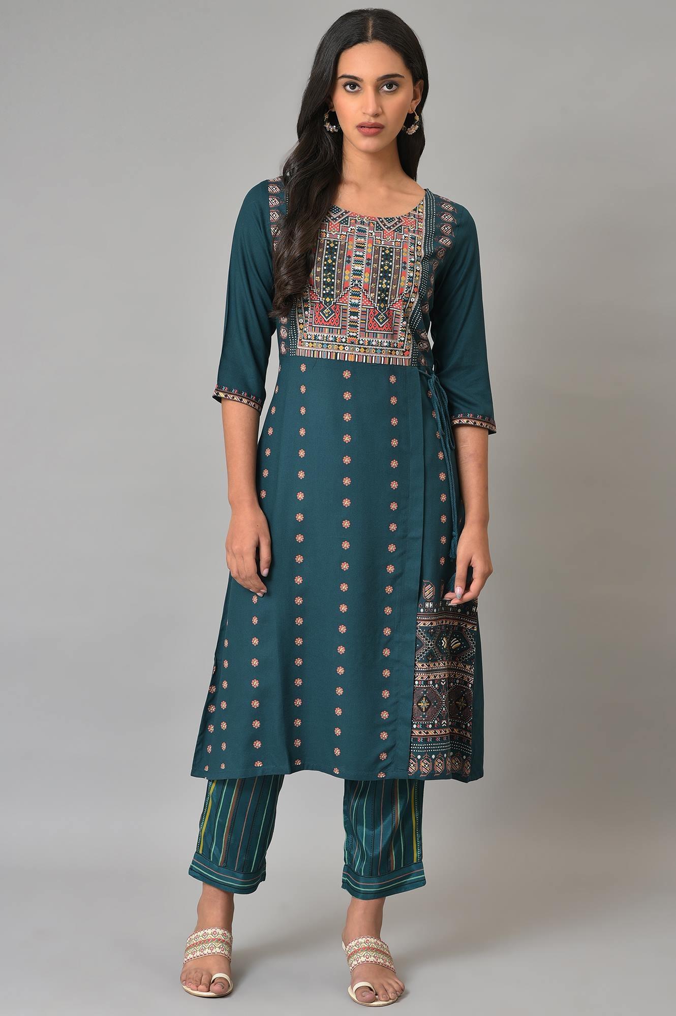 Teal Multi-Coloured Stripe Print Pants - wforwoman