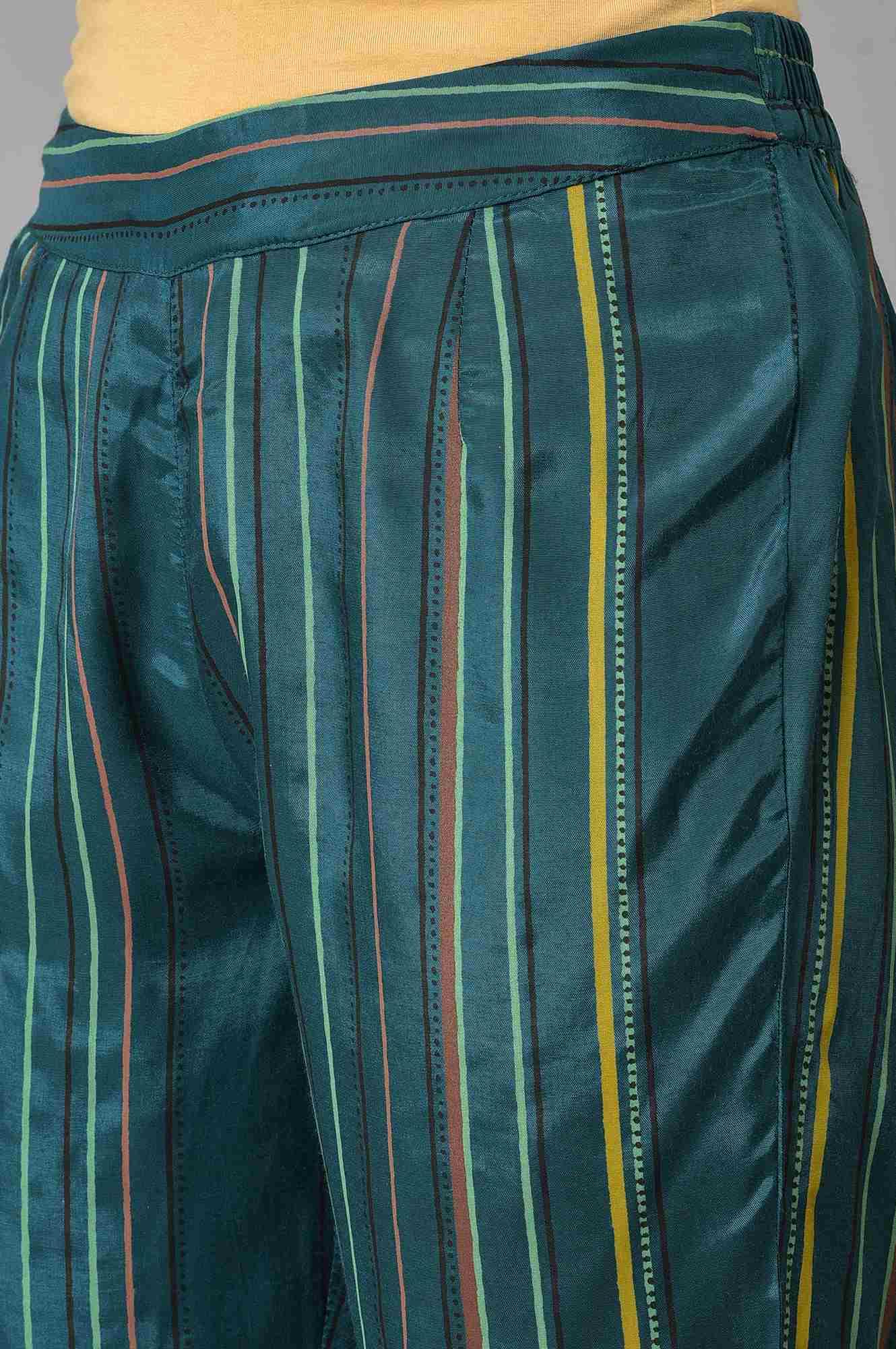 Teal Multi-Coloured Stripe Print Pants - wforwoman