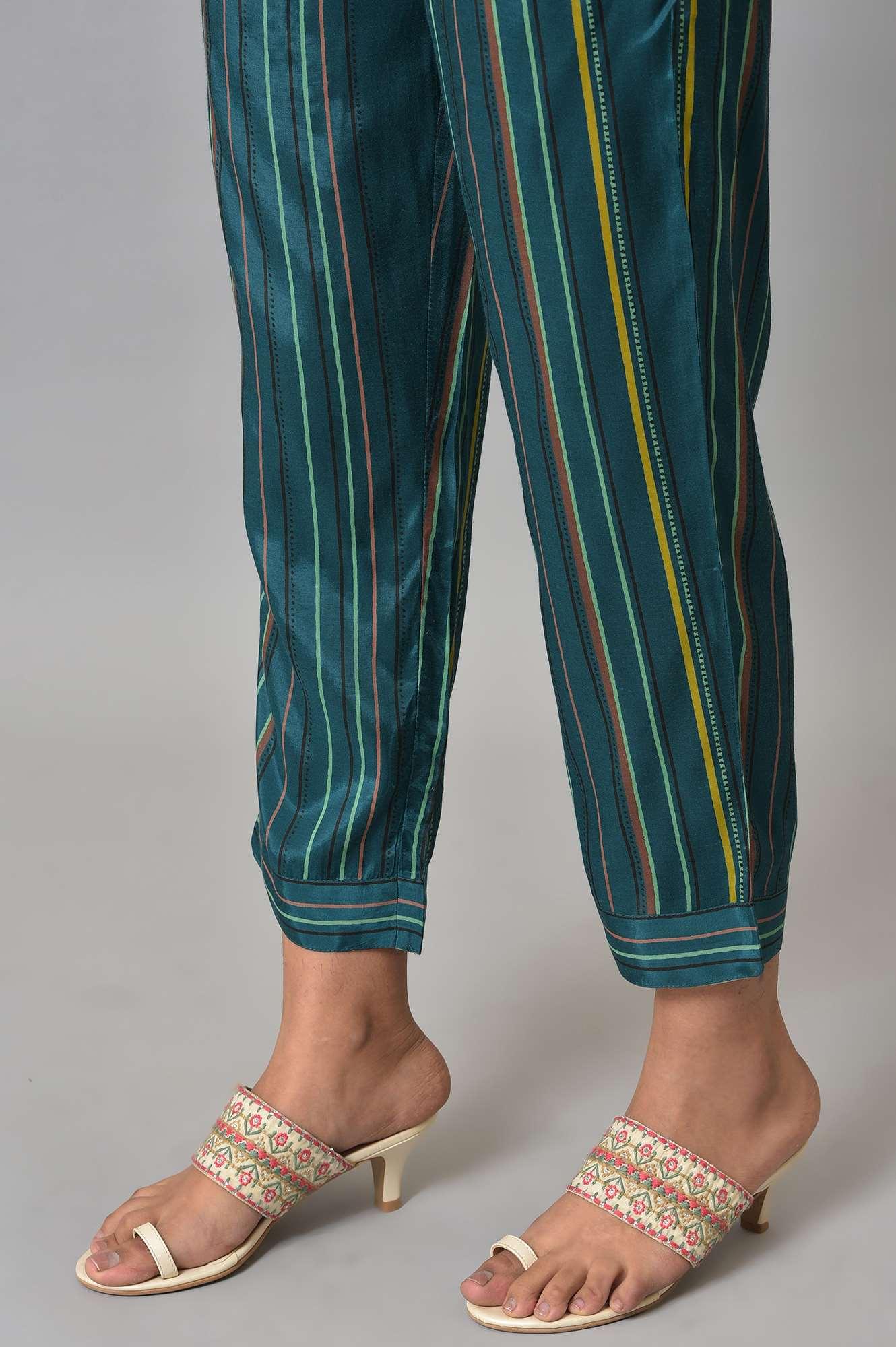 Teal Multi-Coloured Stripe Print Plus Size Pants - wforwoman