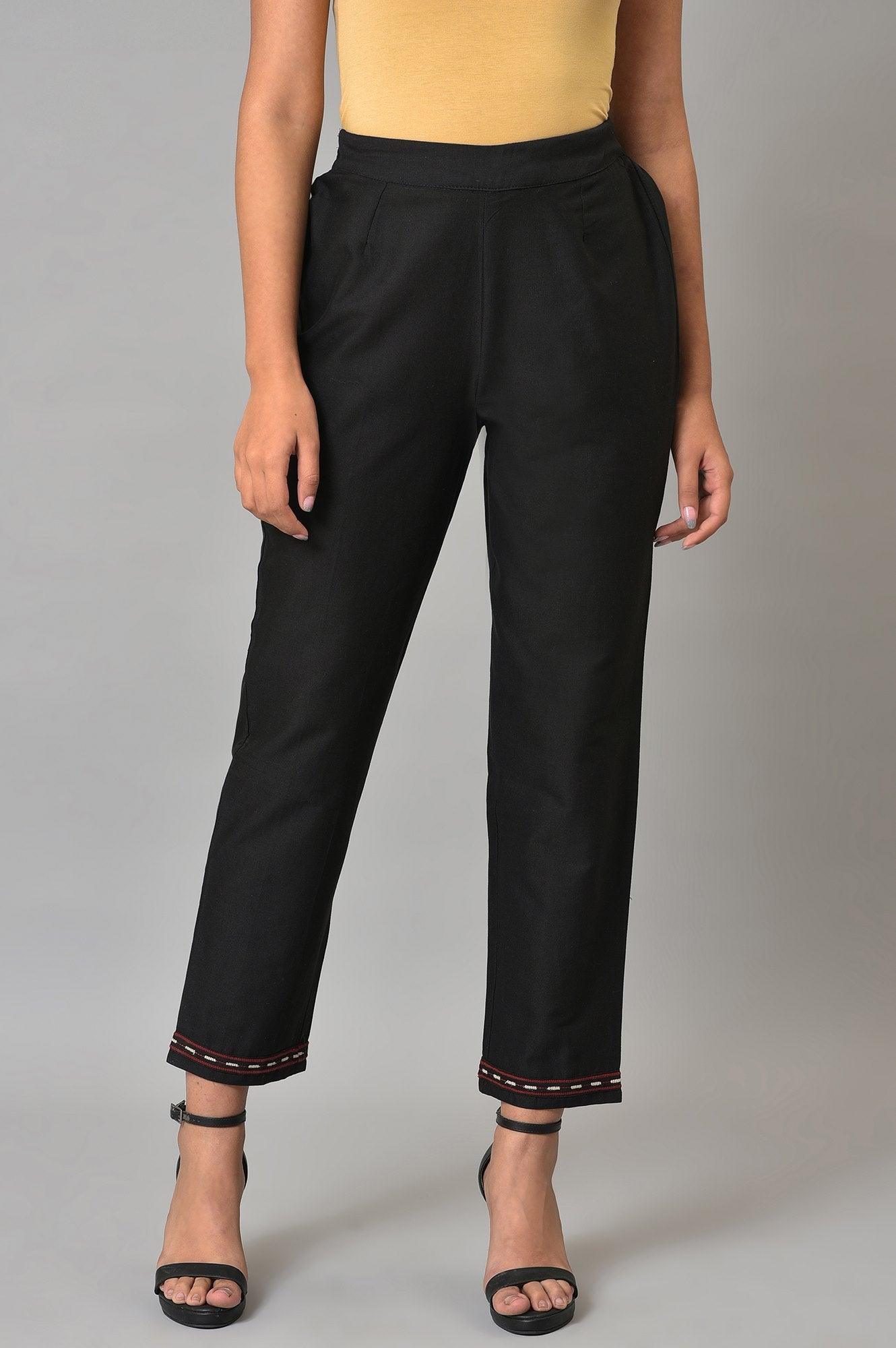 Black Slim Pants With Embroidery At Hemline - wforwoman