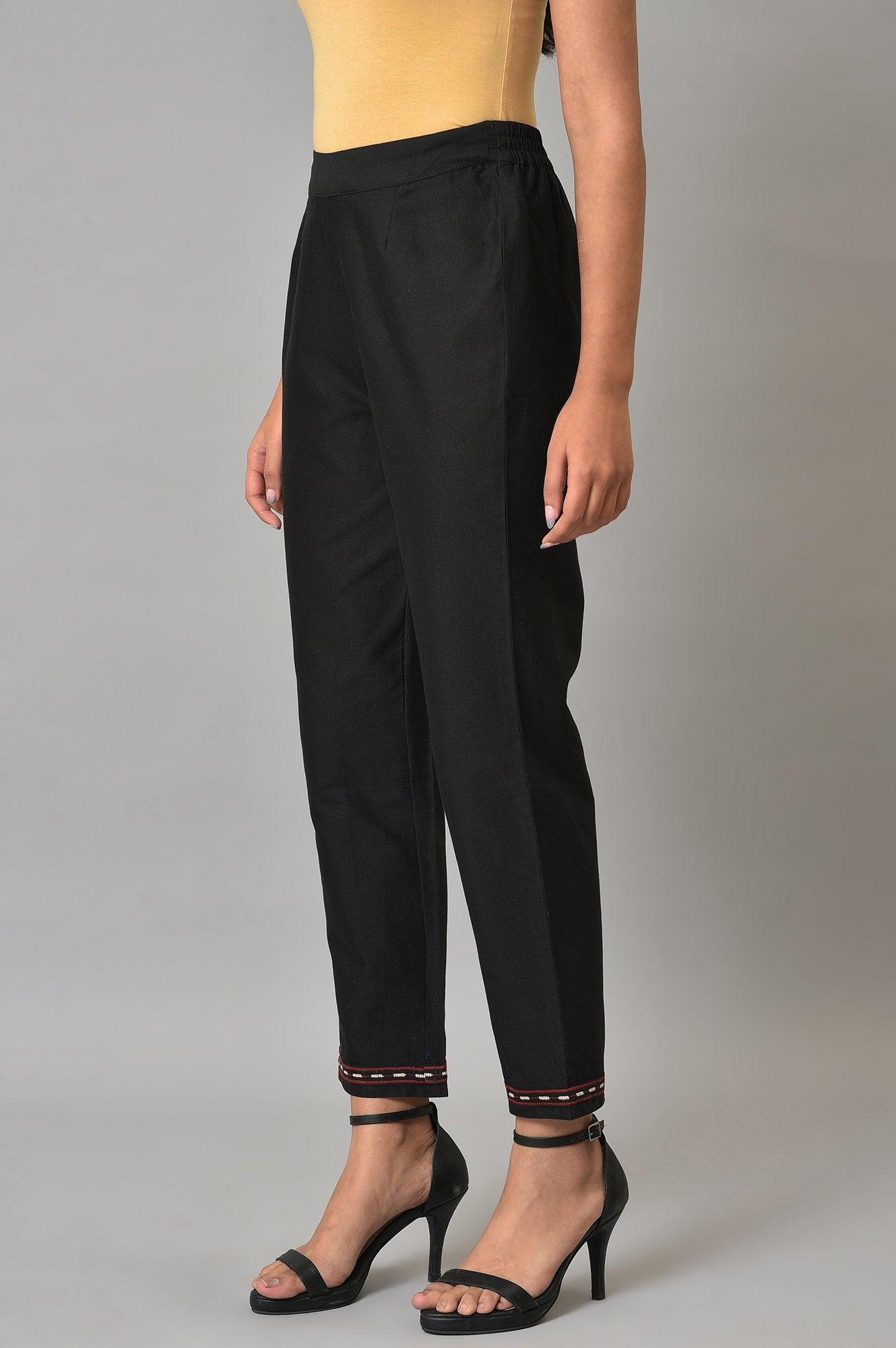 Black Slim Pants With Embroidery At Hemline - wforwoman