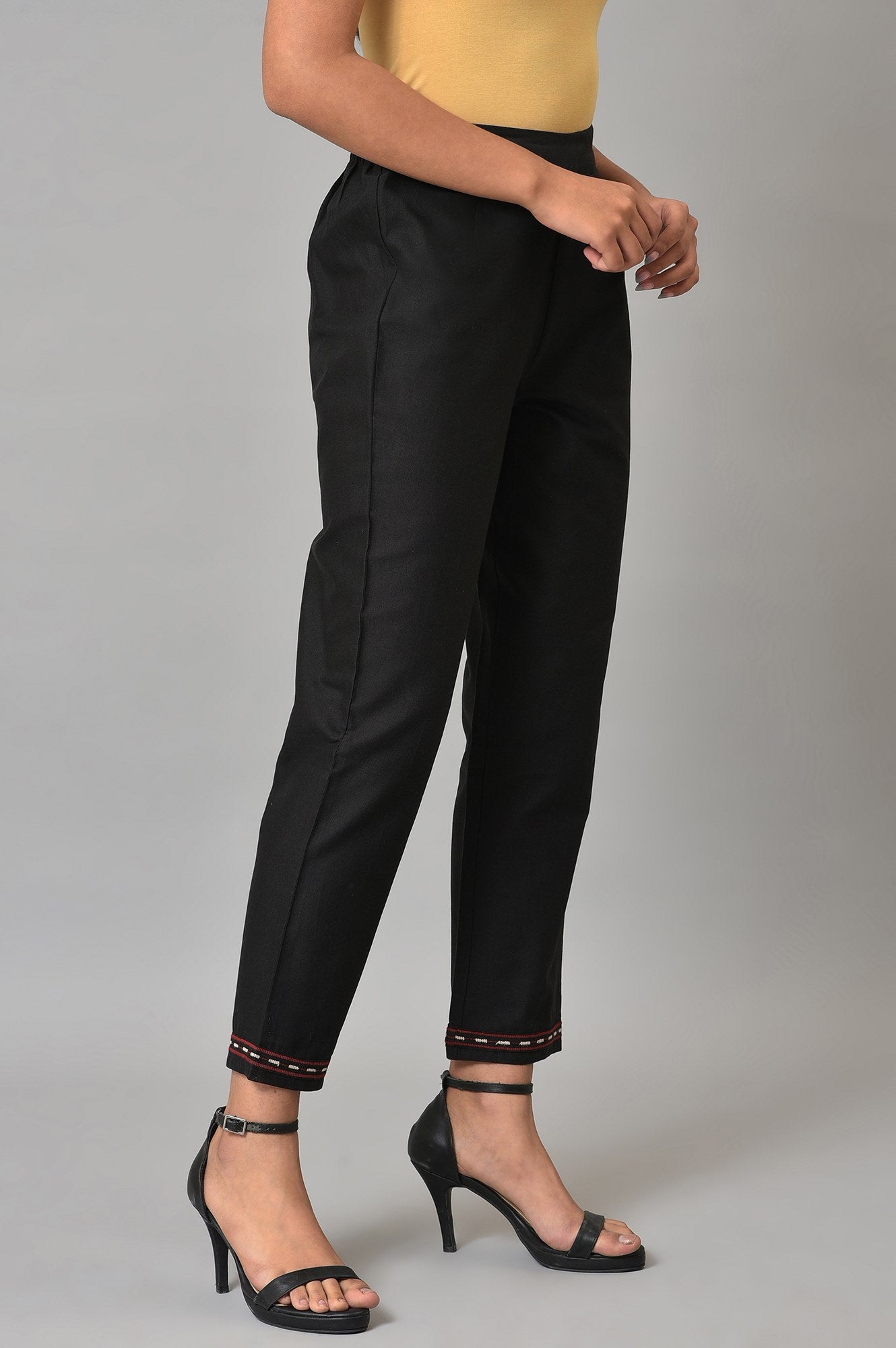 Black Solid Embroidered Straight Cotton Slim Pant