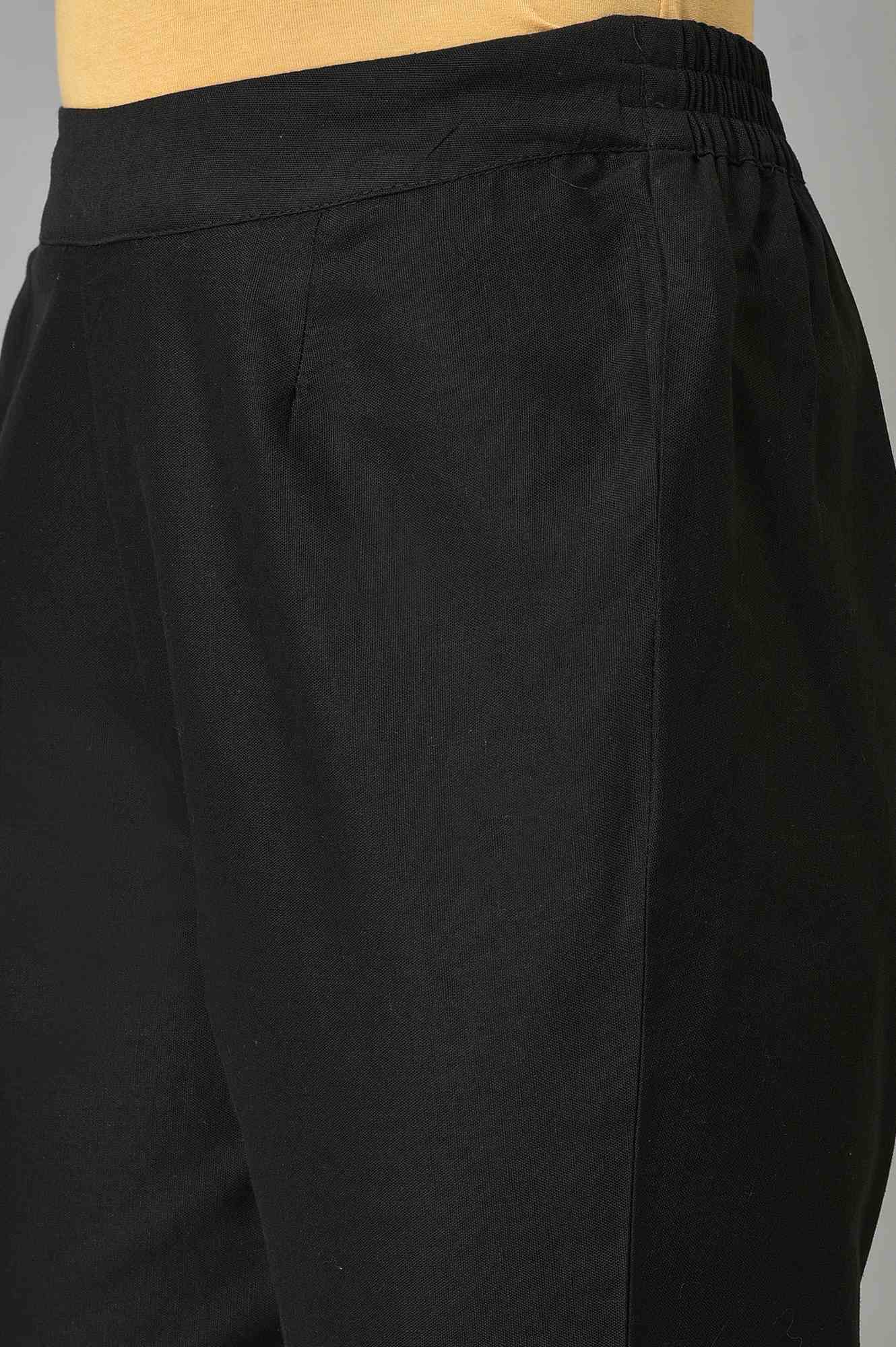 Black Solid Embroidered Straight Cotton Slim Pant