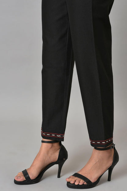Black Slim Pants With Embroidery At Hemline - wforwoman