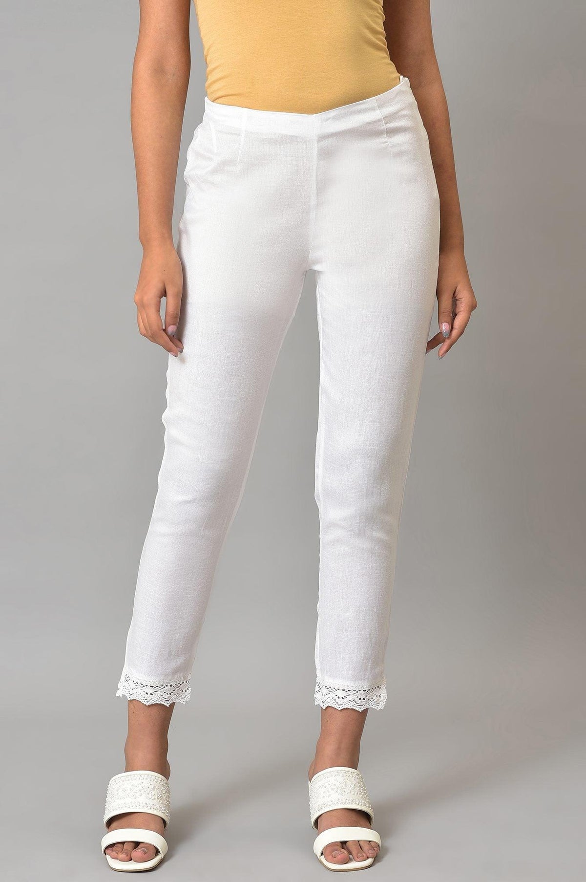 Plus Size White Slim Pants With Lace Detail - 20