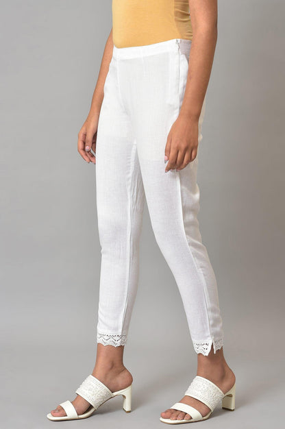 White Slim Pants With Lace Detail - wforwoman