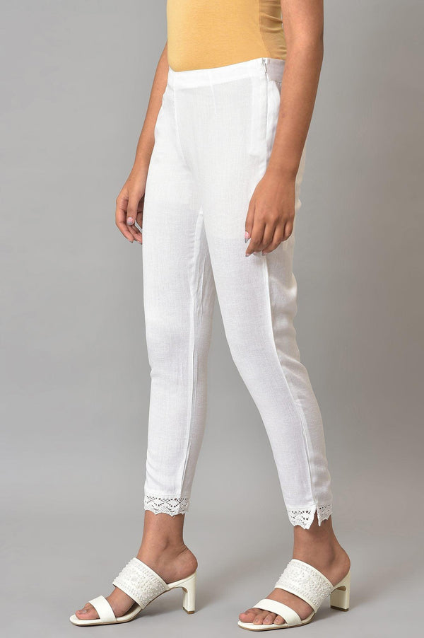 White Slim Pants With Lace Detail