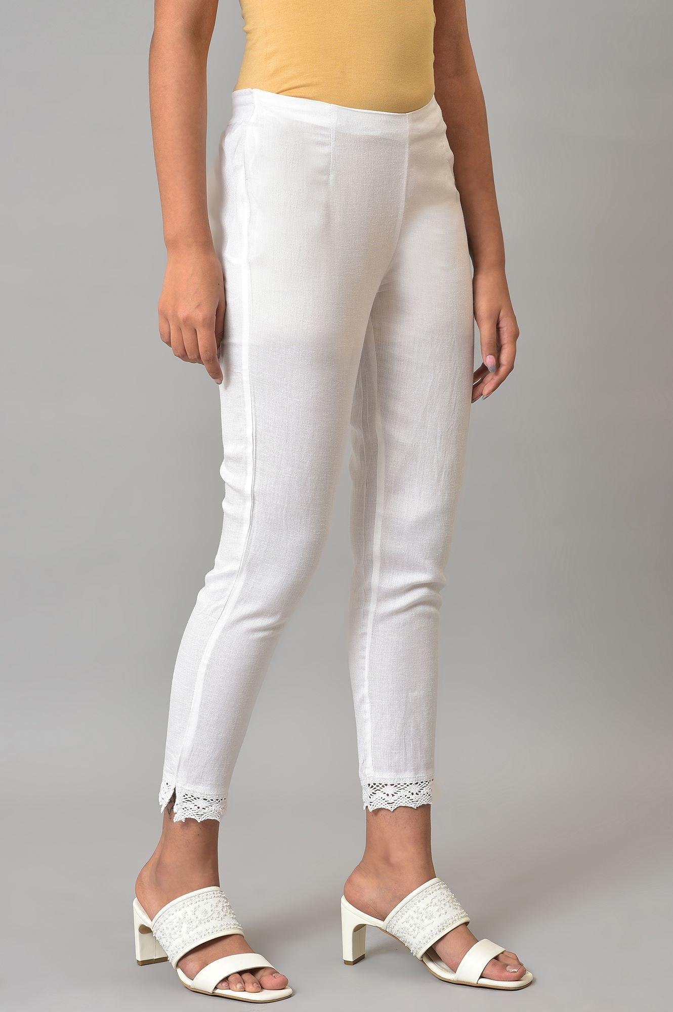 White Slim Pants With Lace Detail - wforwoman