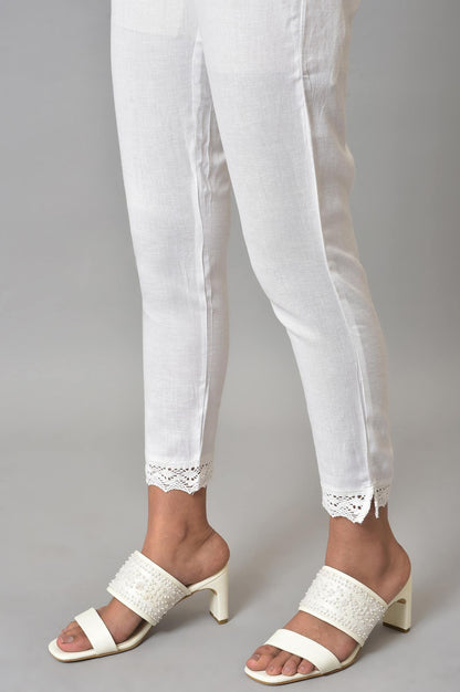 White Slim Pants With Lace Detail - wforwoman