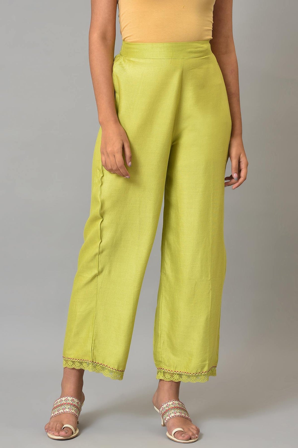 Light Green Slim Pants With Lace Detail - 4XL