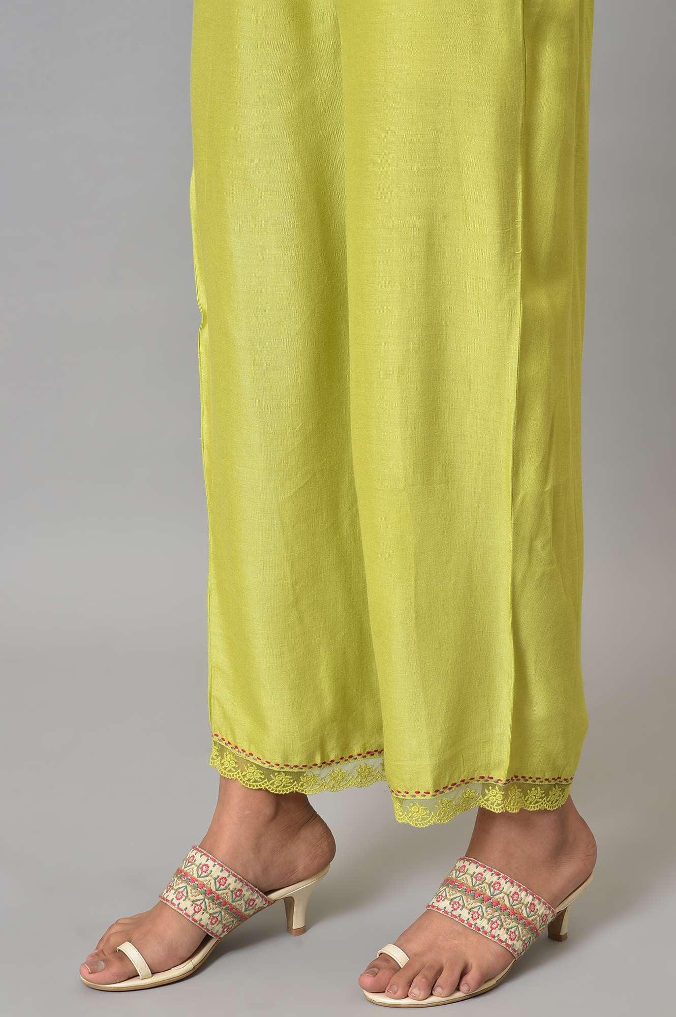 Lime Green Pants With Lace Detail - wforwoman