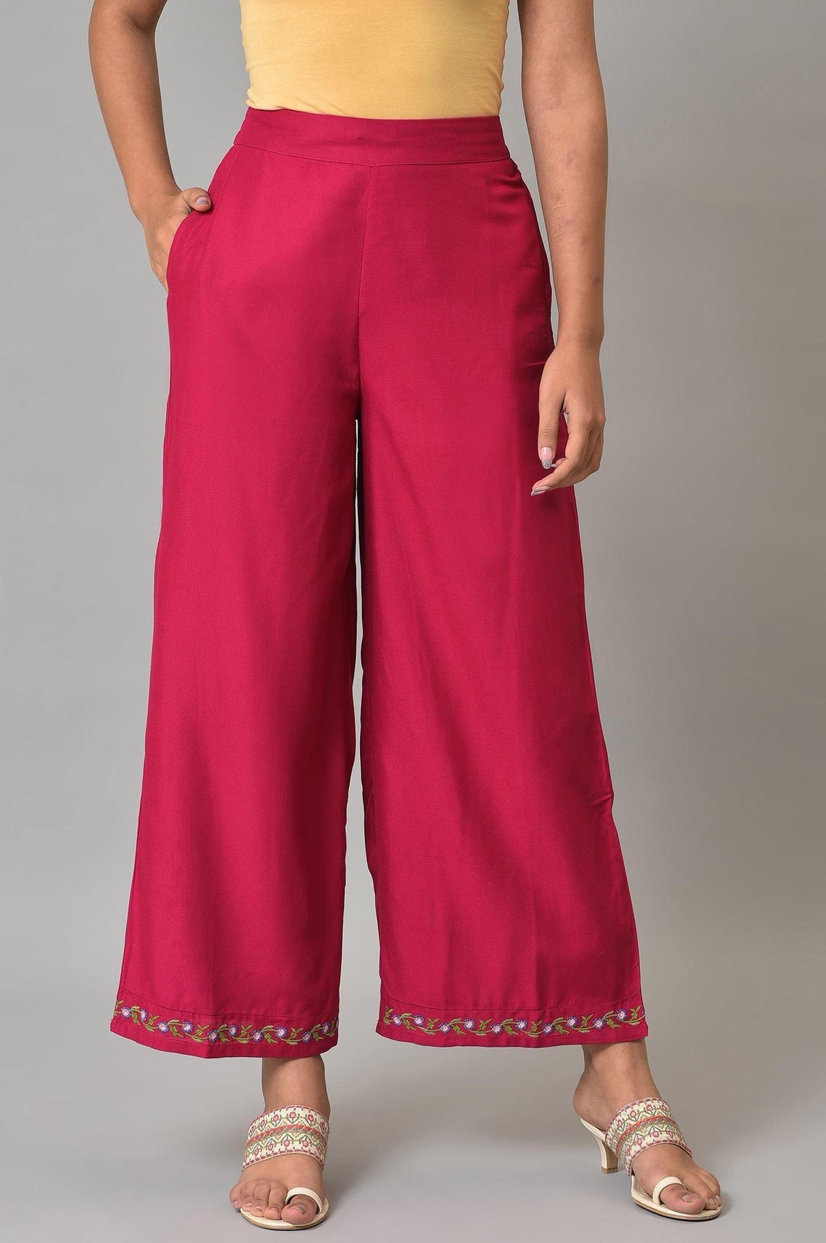 Berry Pink Embroidered Parallel Pants - XS