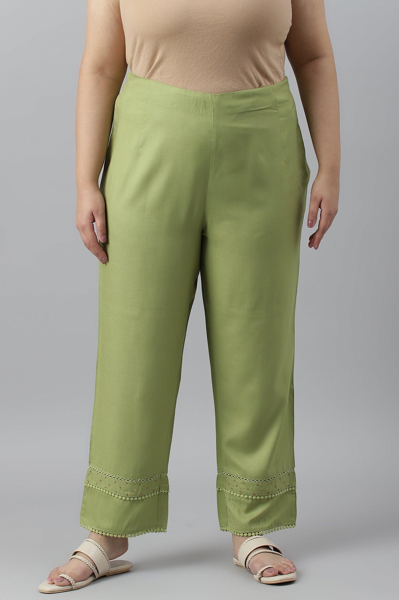 Green Straight Pants With Lace Details - wforwoman