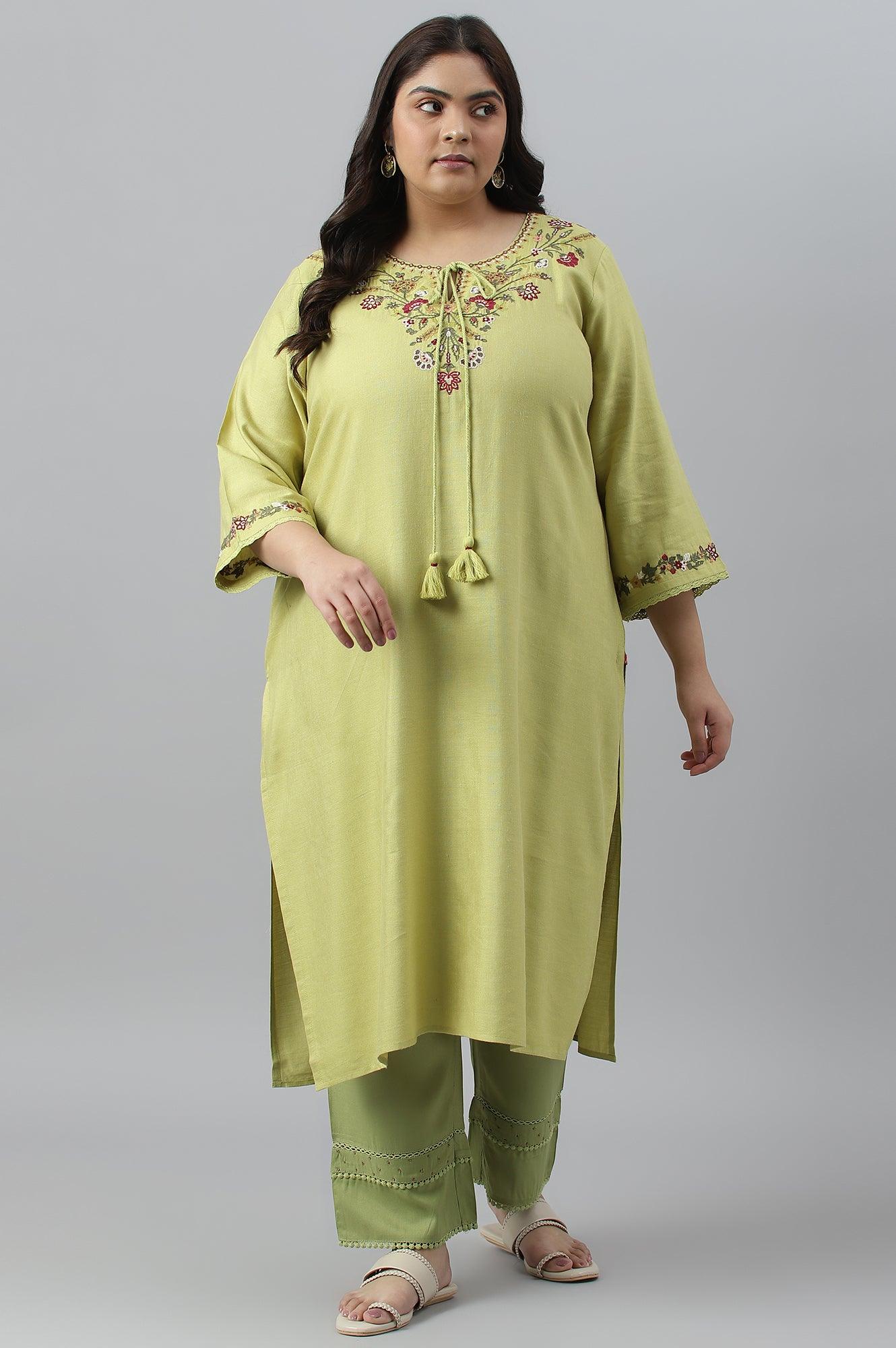 Green Straight Pants With Lace Details - wforwoman