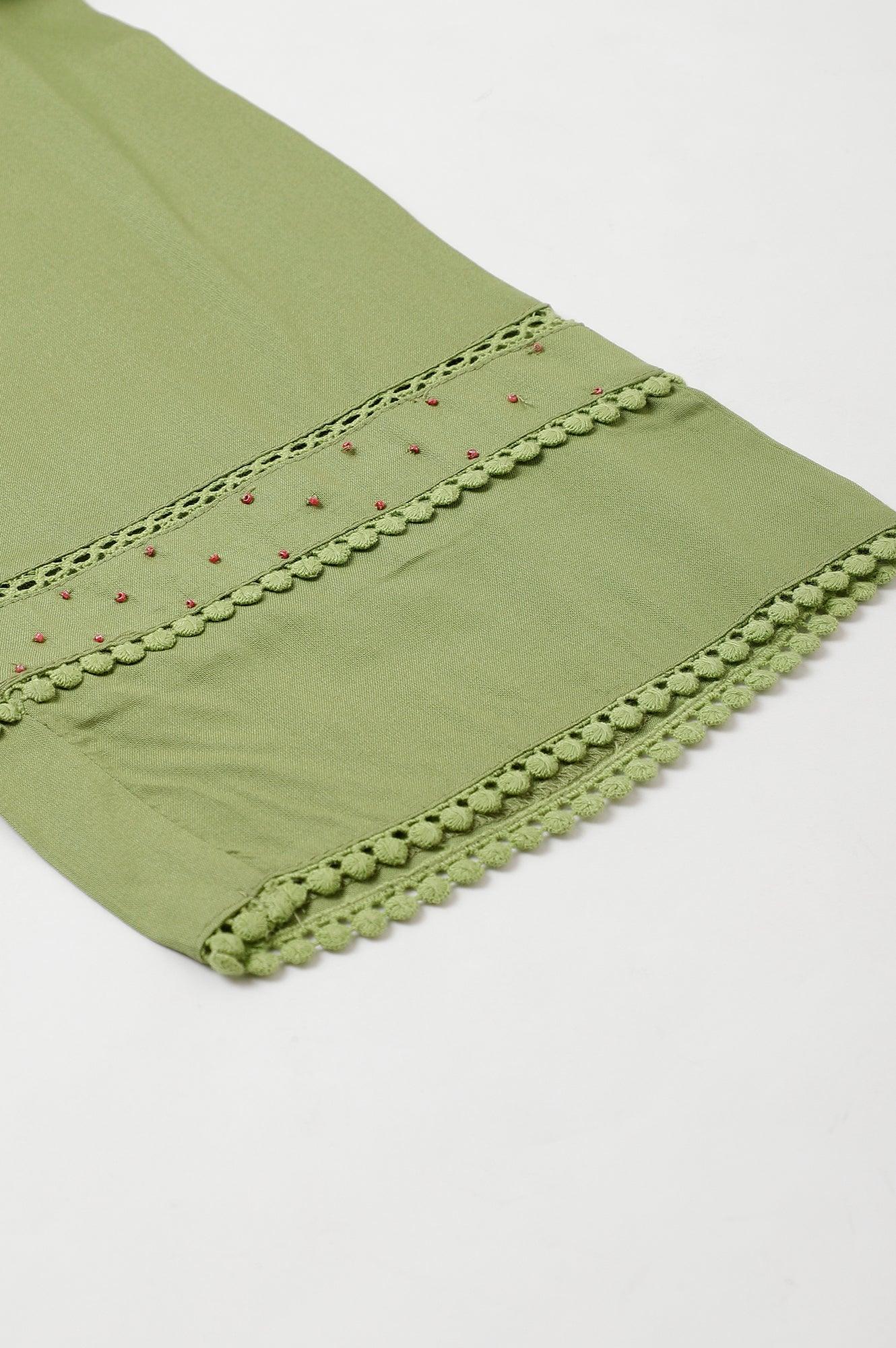 Green Straight Pants With Lace Details - wforwoman