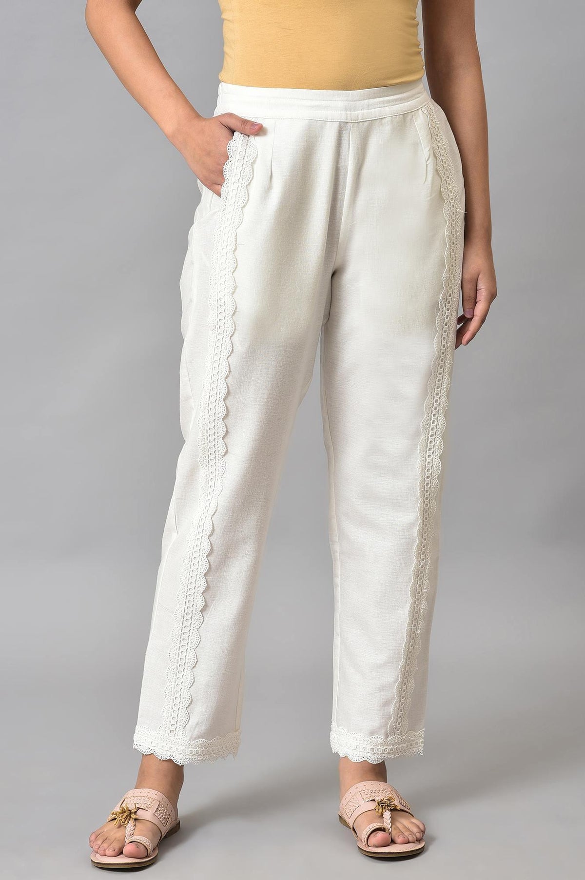 Ecru Solid Lace Straight Pants - XS
