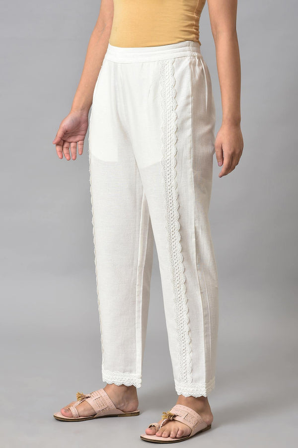 Ecru Solid Lace Straight Pants