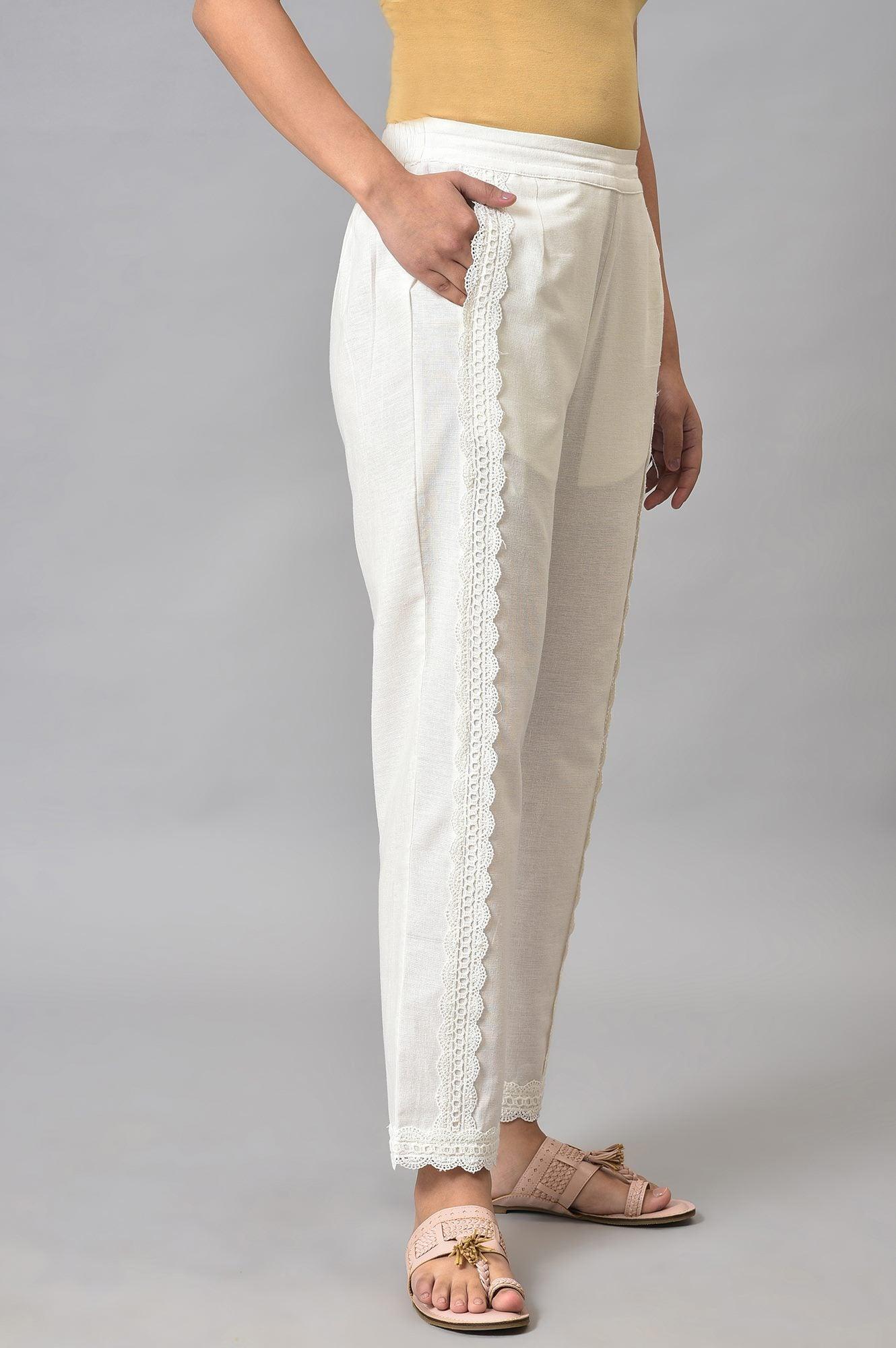 Ecru Solid Lace Straight Pants - wforwoman