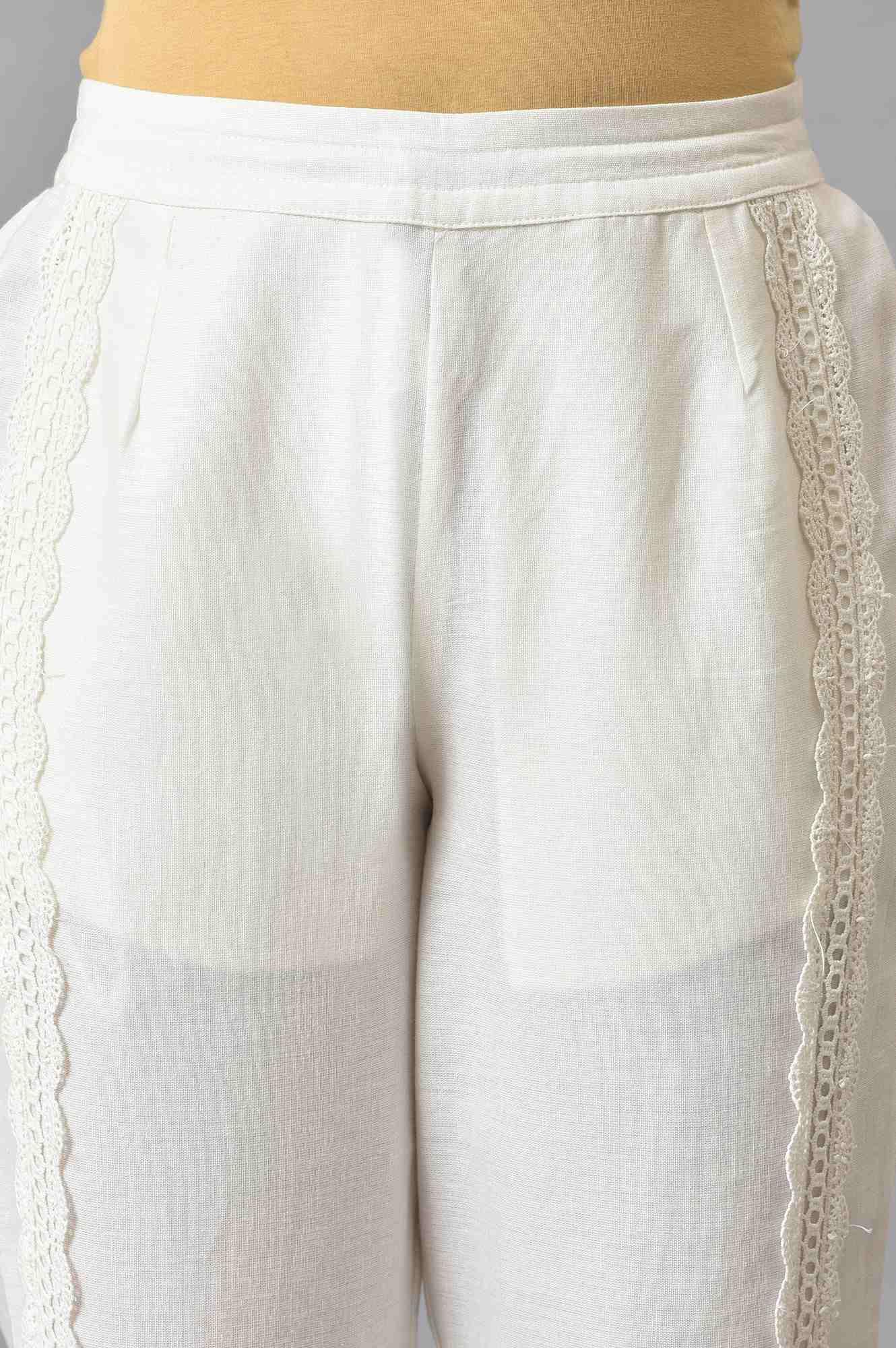 Ecru Solid Lace Straight Pants - wforwoman