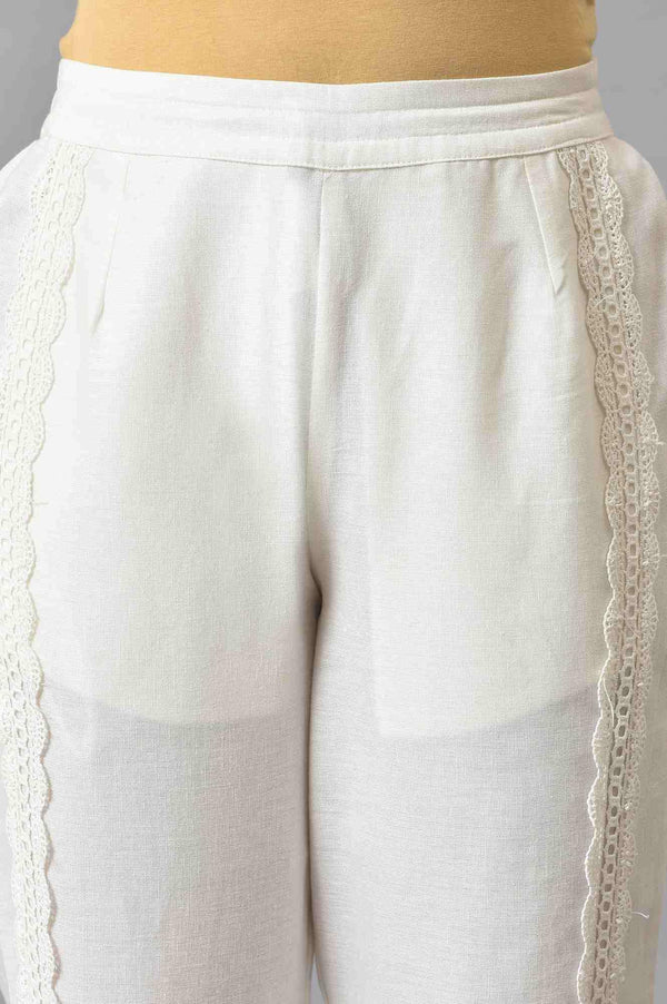 Ecru Solid Lace Straight Pants