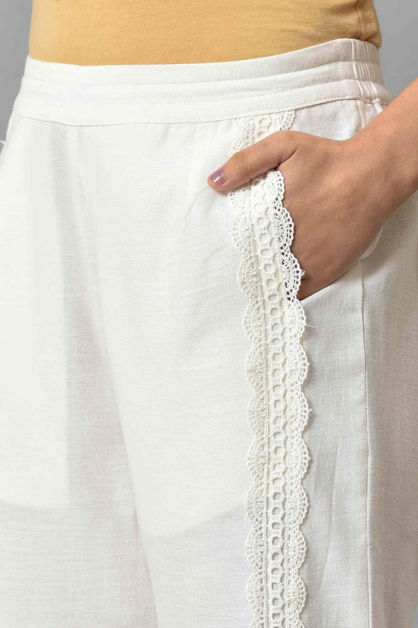 Ecru Solid Lace Straight Pants