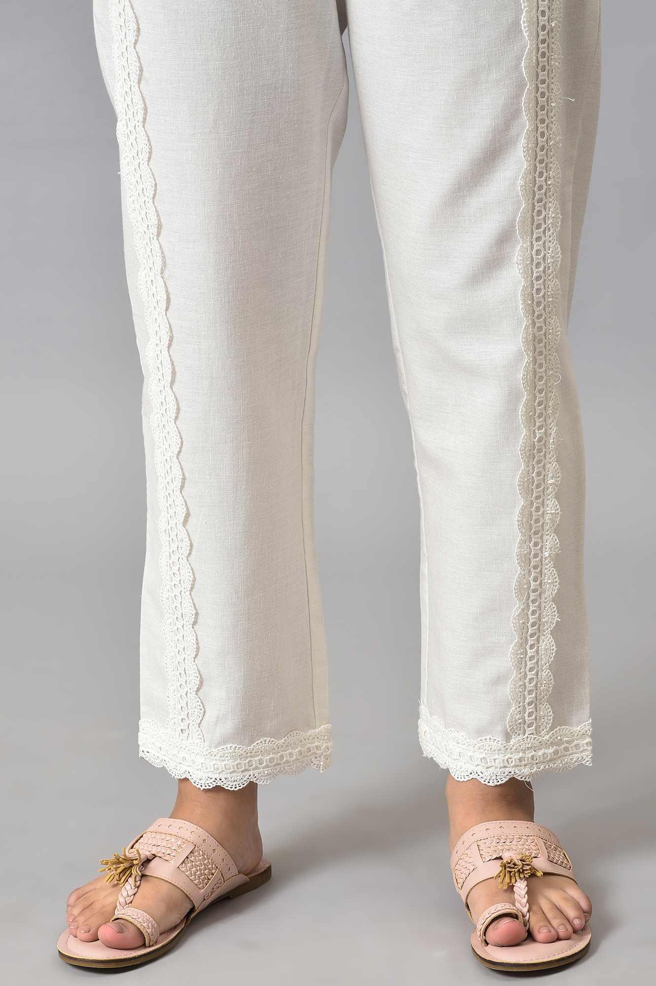 Ecru Solid Lace Straight Pants - wforwoman