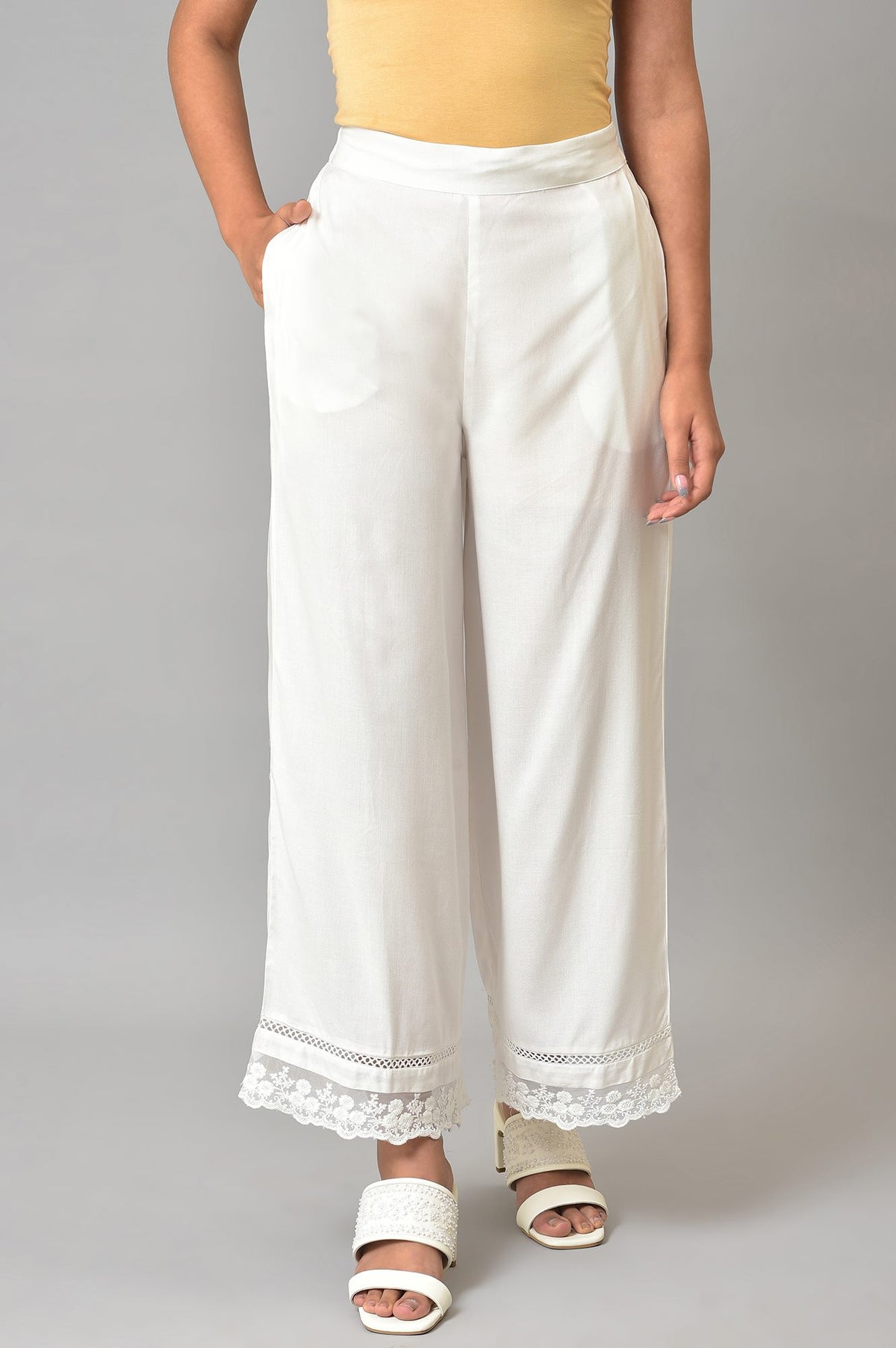 Ecru Parallel Pants With Lace At Hemline - XS