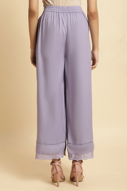 Light Purple Floral Printed Lace Rayon A-Line Kurta and Parallel Pant Set