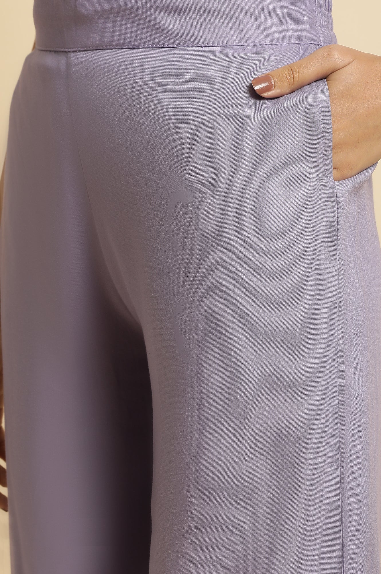 Light Purple Floral Printed Lace Rayon A-Line Kurta and Parallel Pant Set