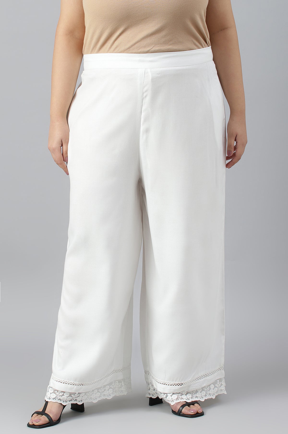 Ecru Parallel Pants With Lace At Hemline - 20