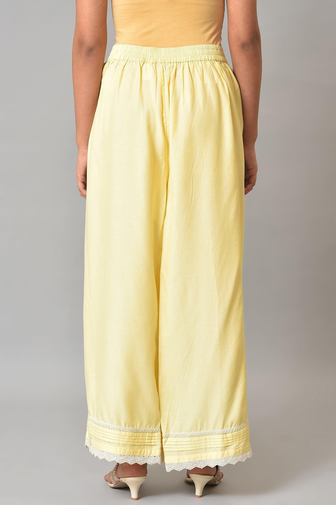 Lemonade Yellow Parallel Pants With Lace Border - wforwoman